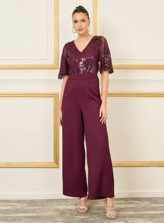 Sequin Detail Mesh Insert Wide Leg Jumpsuit 