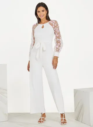 Mesh Insert Floral Applique Wide Leg Jumpsuit 