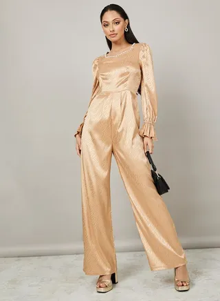Faux Pearl Detail Wide Leg Satin Jacquard Jumpsuit 