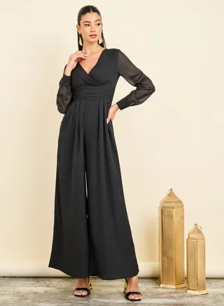 Organza Sleeves Pleated Detail Wide Leg Tailored Jumpsuit 