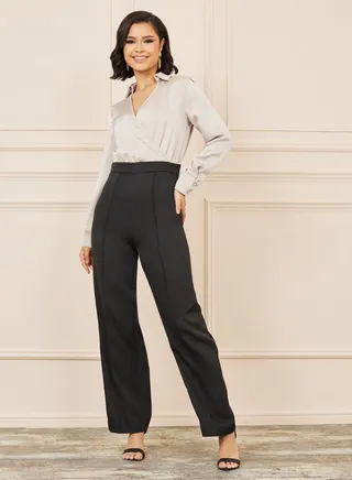 Satin Collared Pintuck Straight Leg Tailored Jumpsuit 