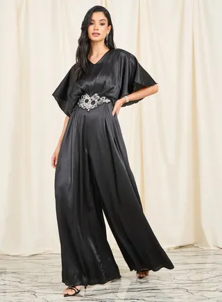 Embellished Waist V Neck Wide Leg Jumpsuit 