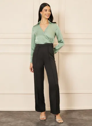 Satin Collared V Neck Pintuck Detail Straight Leg Jumpsuit 