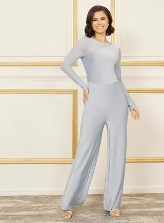 Shimmer Knit Mesh Insert Wide Leg Jumpsuit 
