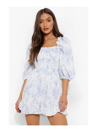 Porcelain Print Puff Sleeve Ruched Playsuit 