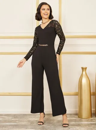 Chain Detail Lace Sheer Sleeves Wide Leg Jumpsuit 