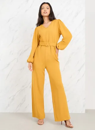 Textured Knit Belted Wide Leg Jumpsuit 
