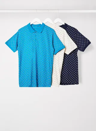 Men's Pack Of 3 Basic Cotton Polo T-Shirts Sea Blue/Grey/Black 