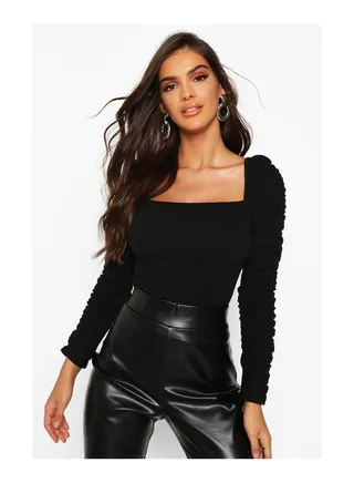 Crepe Square Neck Ruched Sleeve Top 