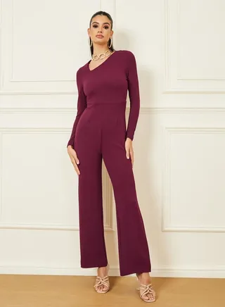 Textured Knit Asymmetric Neck Straight Leg Jumpsuit 