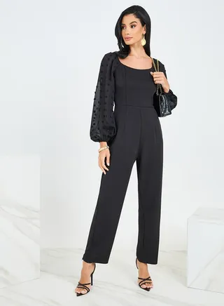 Straight Leg Ponte Jumpsuit with Dobby Volume Sleeves 