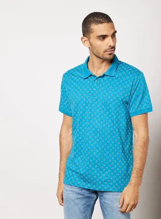 Men's Basic Casual Polo Printed Cotton T-Shirt in Regular Fit Half Sleeves Heather Light Blue 