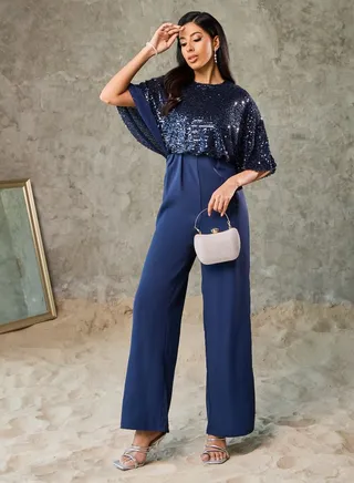 Sequin Cape Sleeve Wide Leg Jumpsuit 