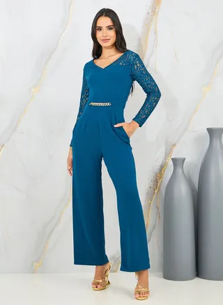 Lace Cut Out Detail Sleeves Wide Leg Jumpsuit with Chain Accent 
