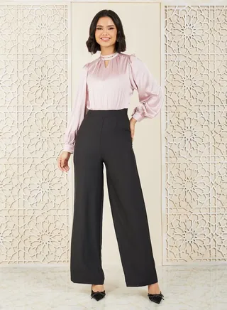 Satin Key Hole Neck Wide Leg Jumpsuit 
