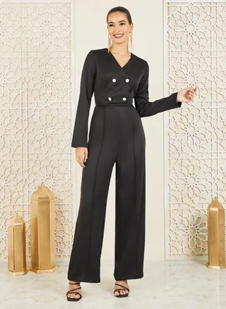 Button Front Wide Leg Tailored Jumpsuit 