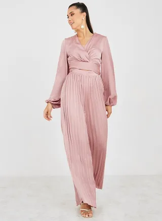 Satin Pleated Wide Leg Jumpsuit with Cut Out Detail