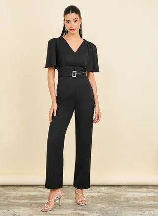 Embellished Buckle Belted Wide Leg Tailored Jumpsuit 