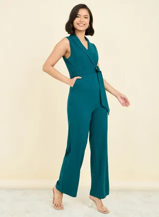 Textured Sleeveless Wide Leg Jumpsuit with Self Tie Up