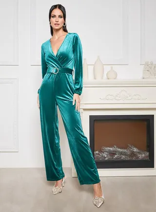 Wide Leg Velour Jumpsuit with Embellished Belt 