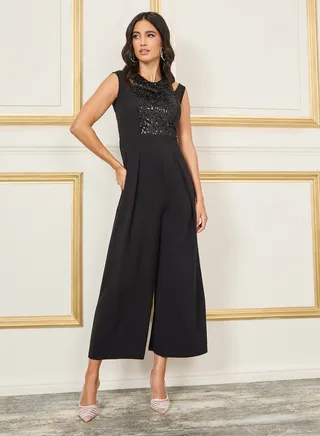 Sequin Cut Out Detail Neck Wide Leg Jumpsuit 