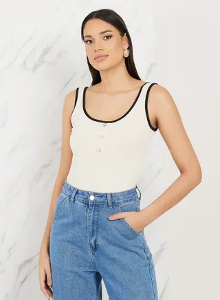 Contrast Rib Button Detail Fitted Tank 