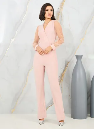 Sheer Long Sleeves Shimmer Knit Straight Leg Jumpsuit 