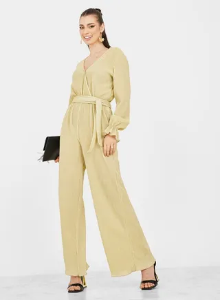 Wide Leg Wrap Front Shimmer Fabric Jumpsuit 