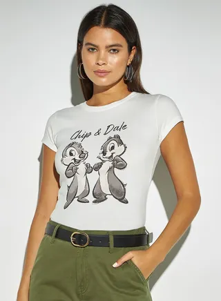 Chip N Dale Print T-shirt with Round Neck and Cap Sleeves 