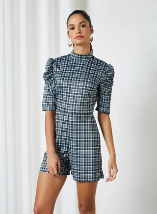 Plaid Puff Sleeve Romper Multi 