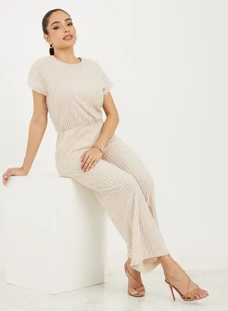 Solid Ribbed Wide Leg Jumpsuit 