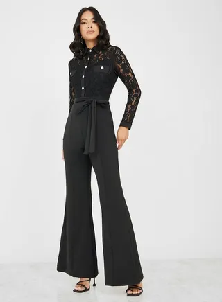 Lace Detail Flared Leg Jumpsuit with Self Tie Belt
