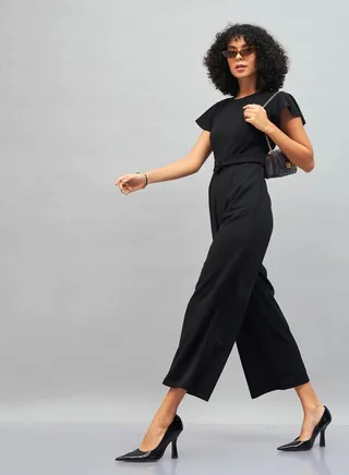 Solid Belted Jumpsuit with Short Sleeves 