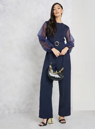 Organza Sleeves Belted Wide Leg Jumpsuit 