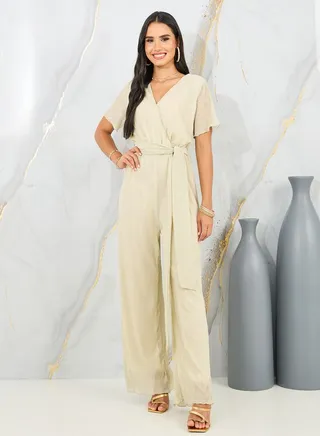 Lurex Knit Textured Wide Leg Wrap Jumpsuit 
