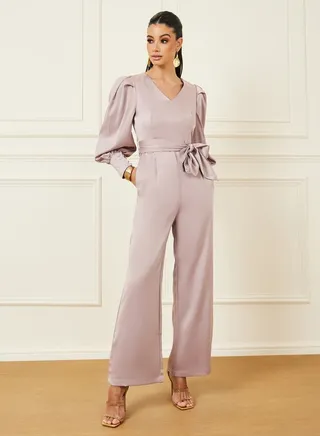 Satin Wide Leg Jumpsuit with Self Tie 