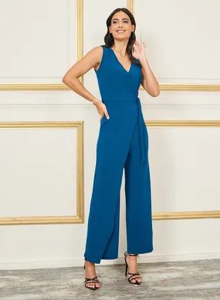 Textured Wrap Style Wide Leg Jumpsuit