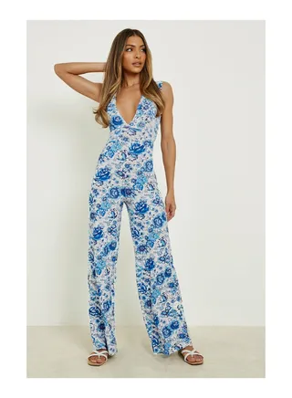 Plunge Wide Leg Jumpsuit Porcelain Print 
