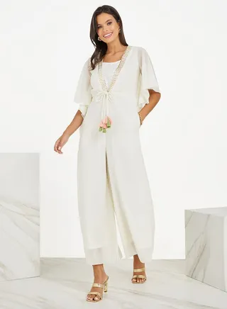 Batwing Sleeve Wide Leg Jumpsuit with Tassel Detail 