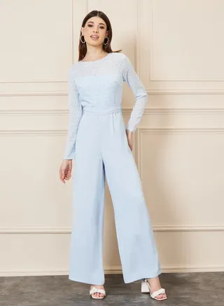 Jacquard Texture Wide Leg Jumpsuit with Self Tie Up 