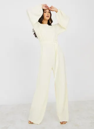 Wide Leg Plisse Jumpsuit with Tie Belt 