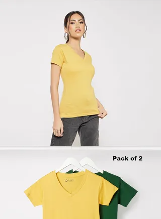 Women's Casual Basic Everyday Pack of 2 T-Shirts V Neck Short Sleeves in Premium Bio washed Cotton Dark Green/Mineral Yellow 