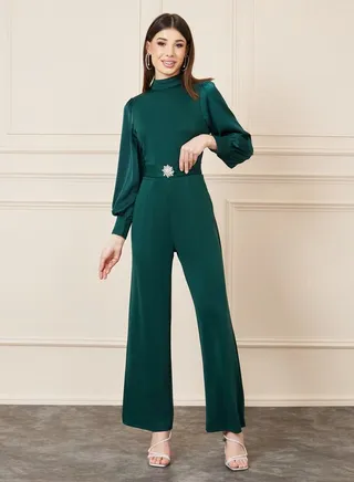 Embellished Buckle Wide Leg Knit Jumpsuit 