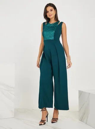 Wide Leg Sequined Jumpsuit with Cut-Out Detail 