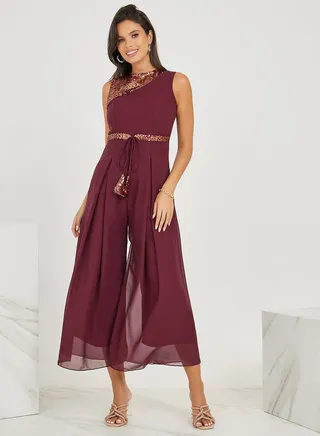 Wide Leg Sequined Jumpsuit with Self Tie 