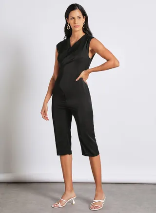 Women's Sleeveless Tie Detail Tailored Wrap Jumpsuit With Waist Tie Black 