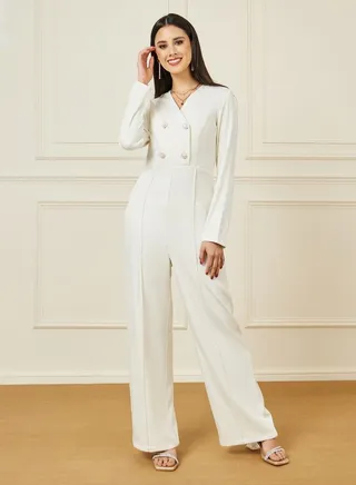 Button Front Wide Leg Tailored Jumpsuit