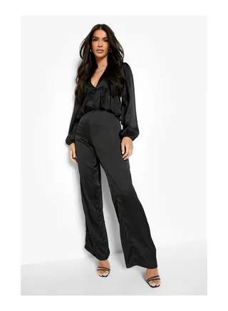 Satin Plunge Ruffle Wide Leg Jumpsuit 