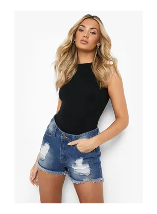 Mid Waist Ripped Denim Shorts 