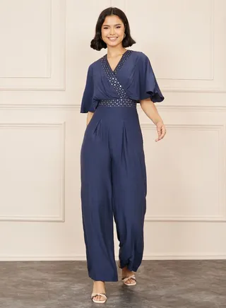 Embellished Cape Sleeves Wide Leg Jumpsuit